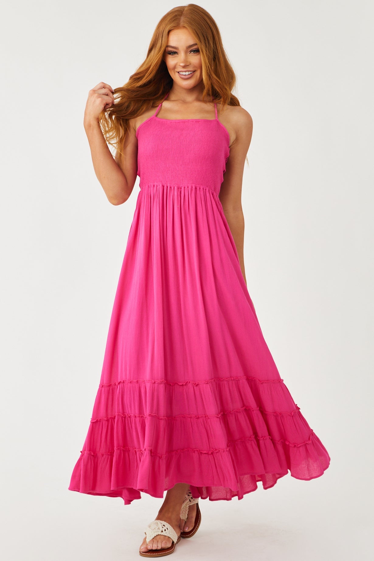 Magenta Smocked Strappy Back Halter Maxi Dress