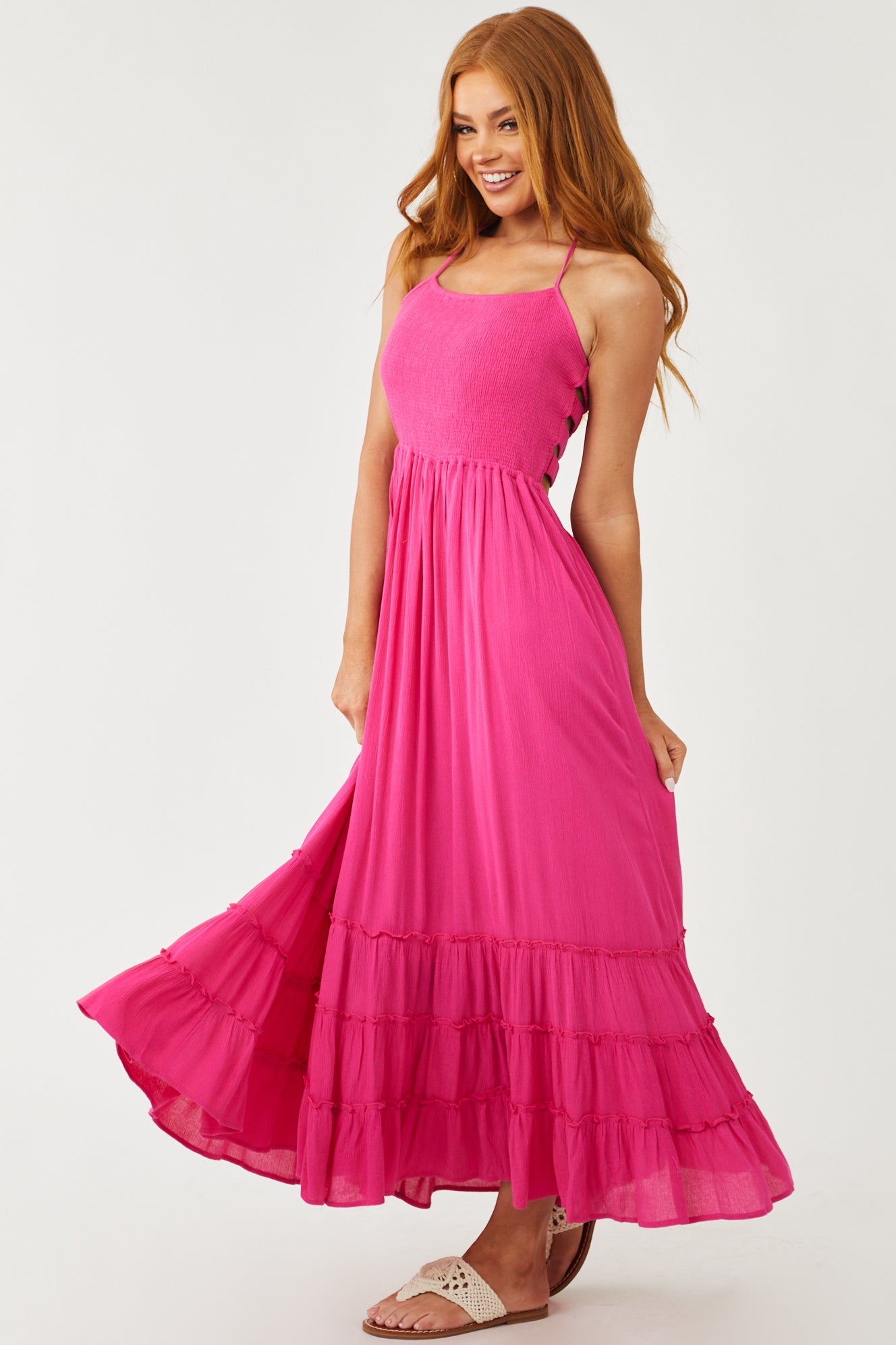 Magenta Smocked Strappy Back Halter Maxi Dress