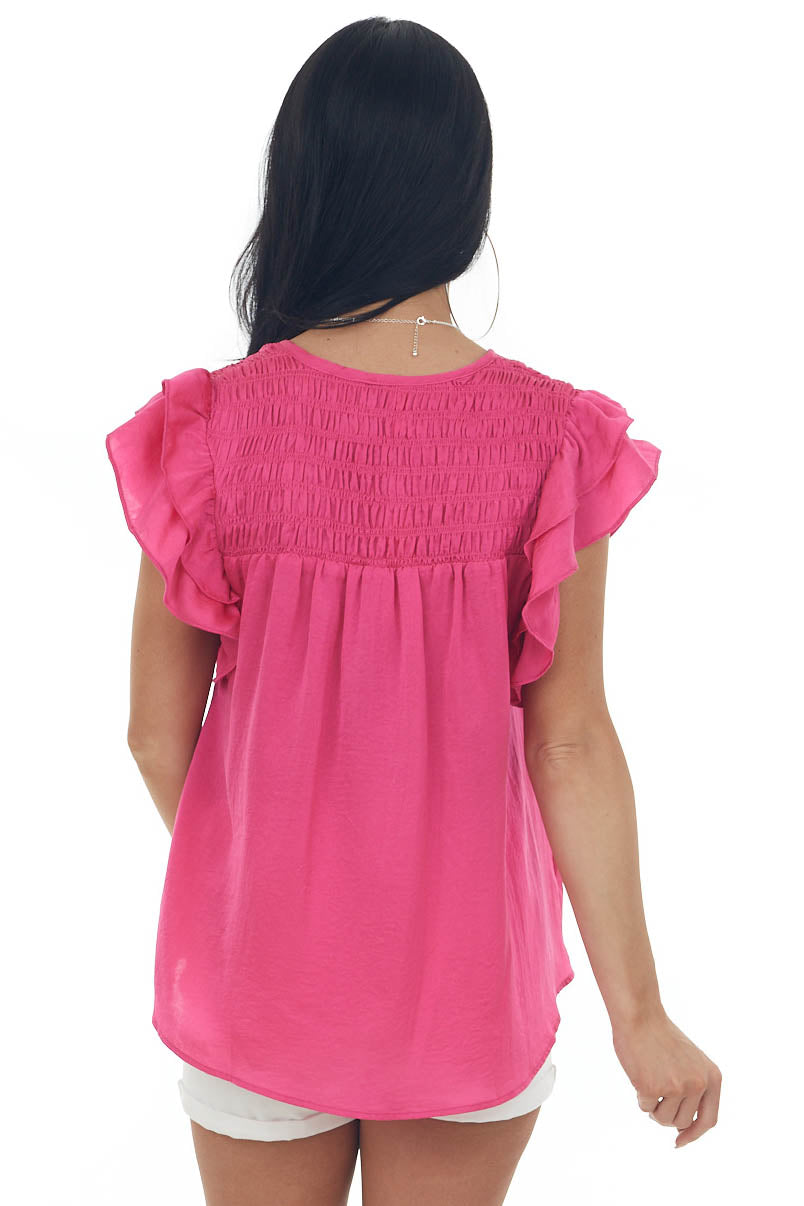Magenta Smocked Yoke Notch Neck Ruffle Blouse