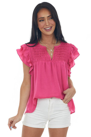 Magenta Smocked Yoke Notch Neck Ruffle Blouse