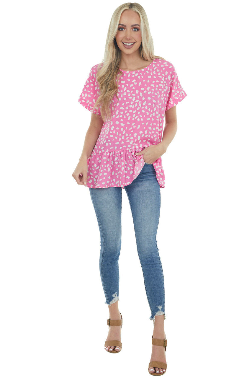 Magenta Spotted Print Drop Waist Blouse