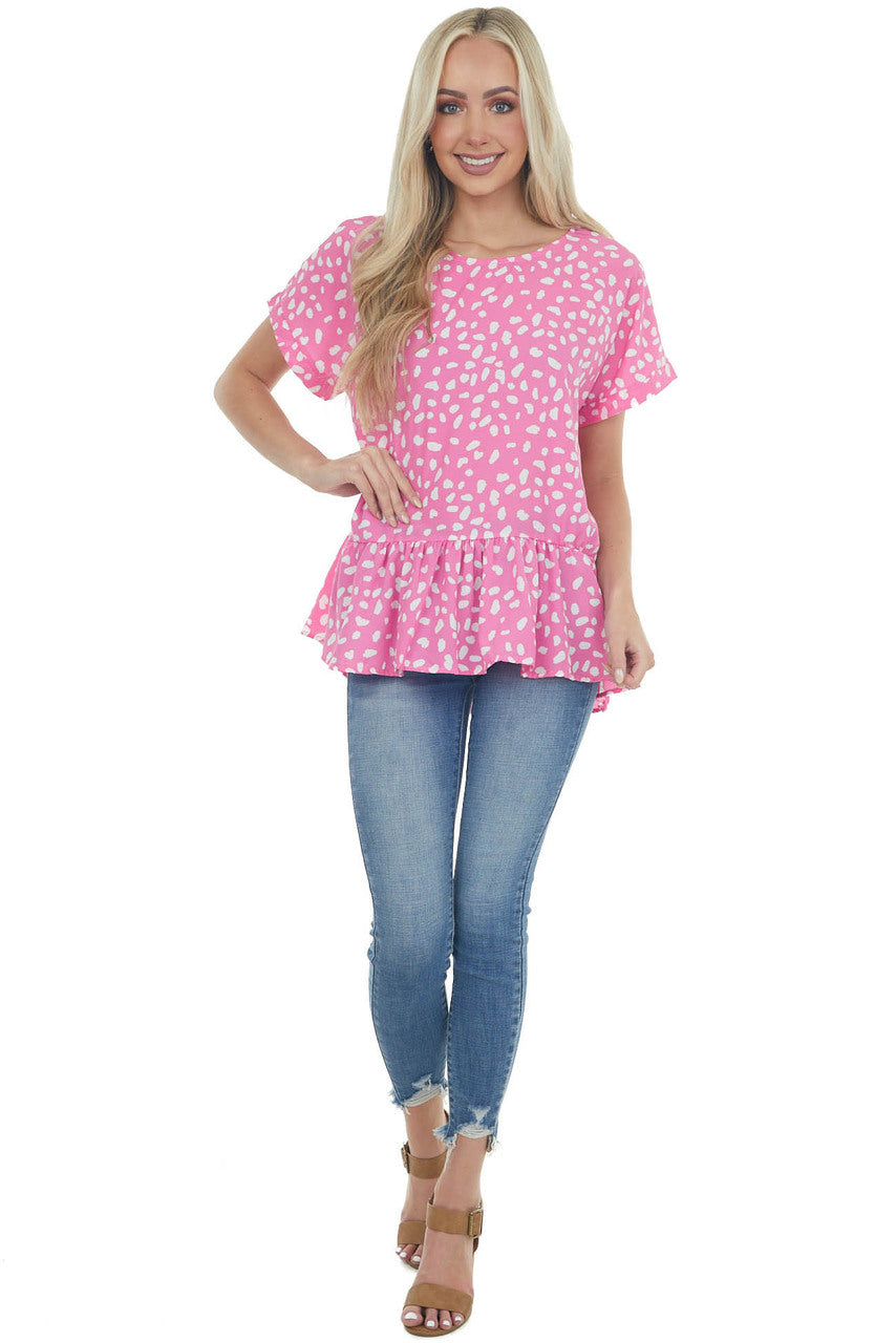 Magenta Spotted Print Drop Waist Blouse