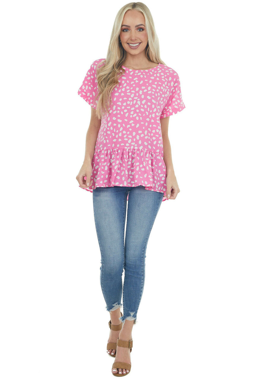 Magenta Spotted Print Drop Waist Blouse