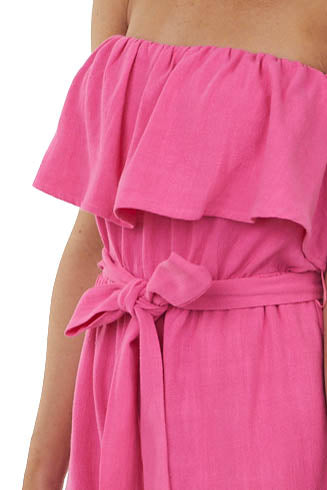 Magenta Strapless Ruffle Romper with Belt Tie