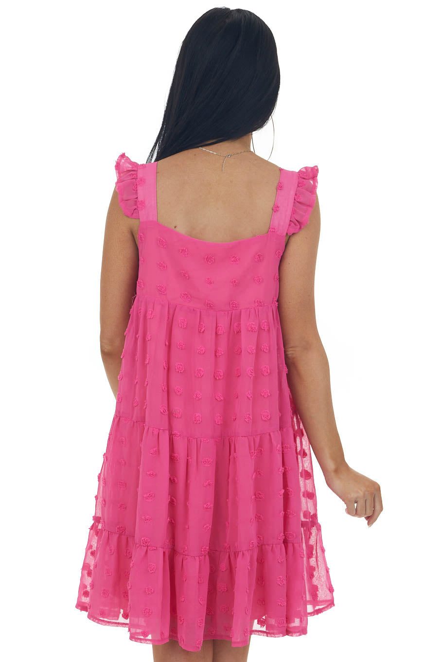 Magenta Swiss Dot Ruffle Strap Tiered Dress