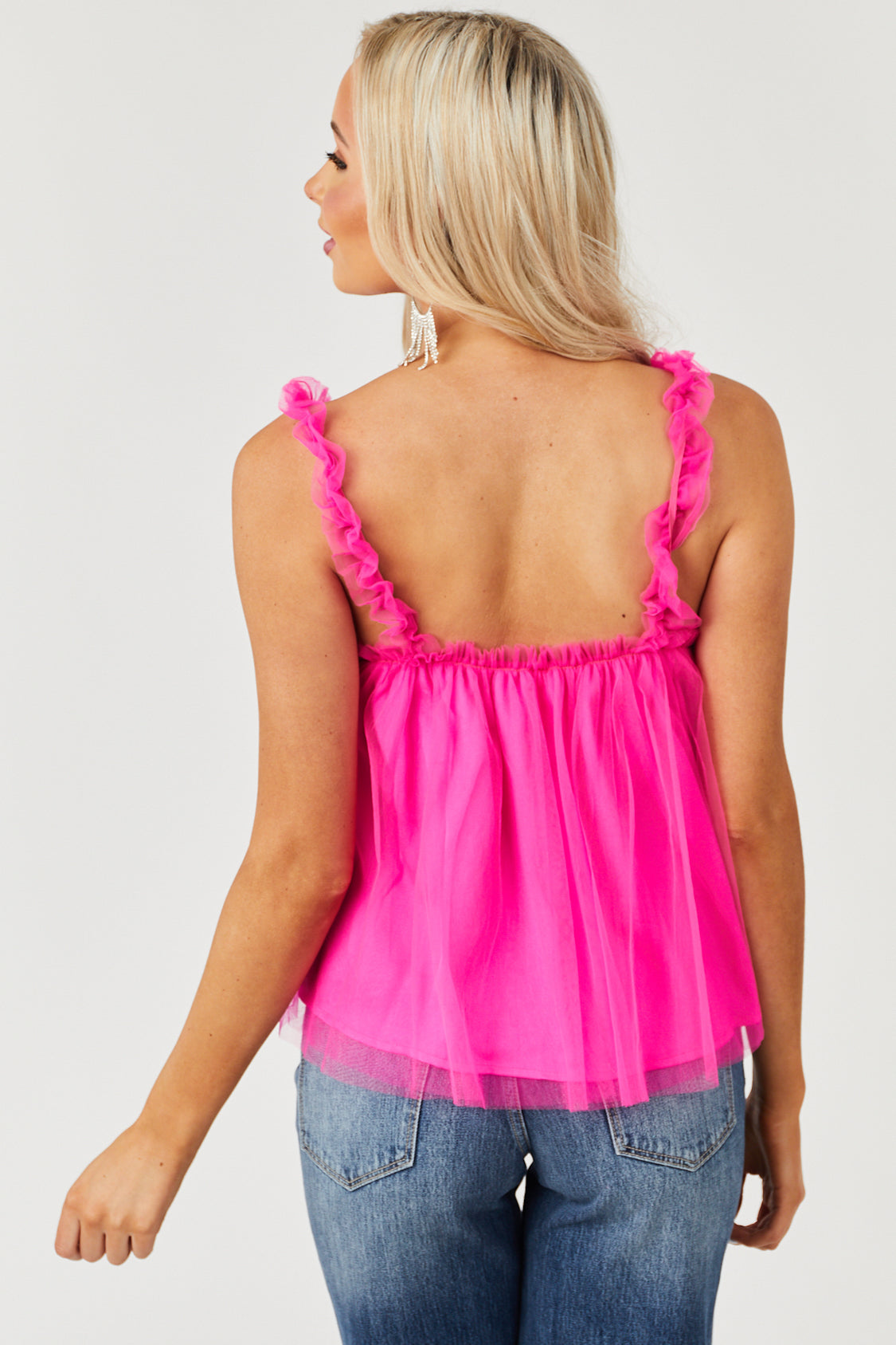 Magenta Tulle Babydoll Frill Strap Woven Tank Top