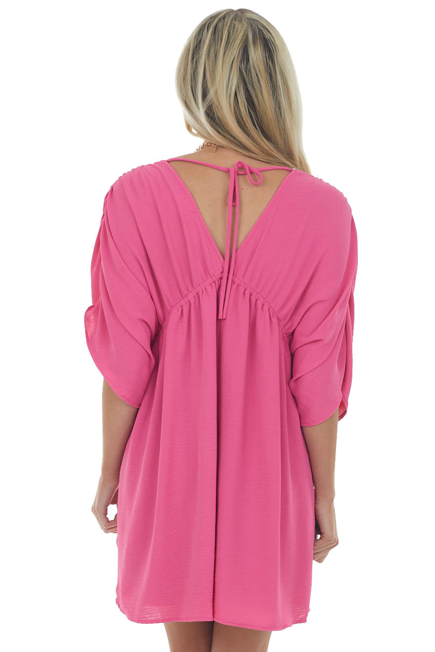 Magenta V Neck Cinch Waist Wide Sleeve Dress