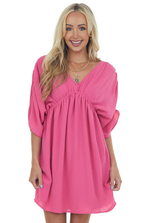Magenta V Neck Cinch Waist Wide Sleeve Dress