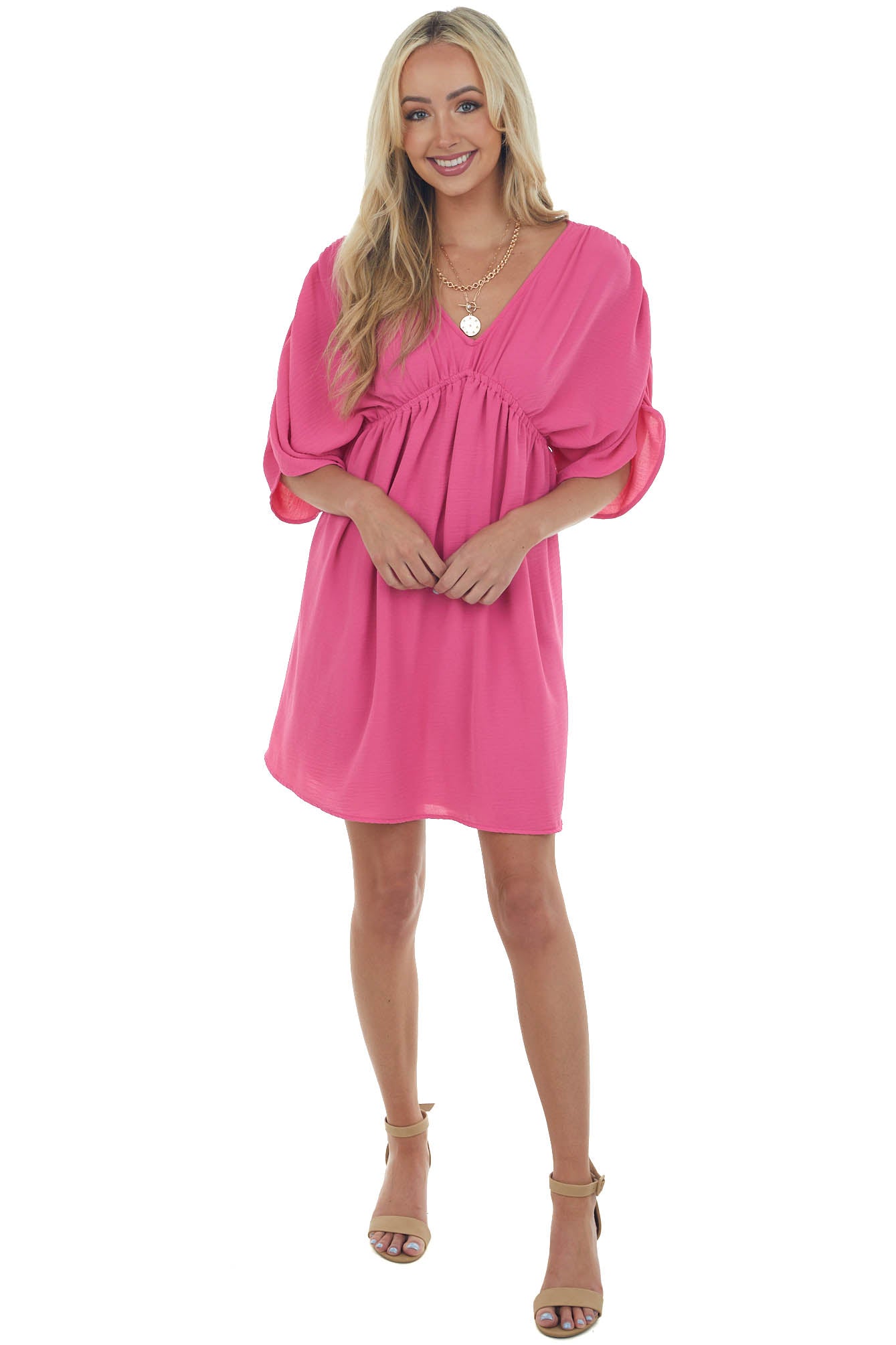 Magenta V Neck Cinch Waist Wide Sleeve Dress