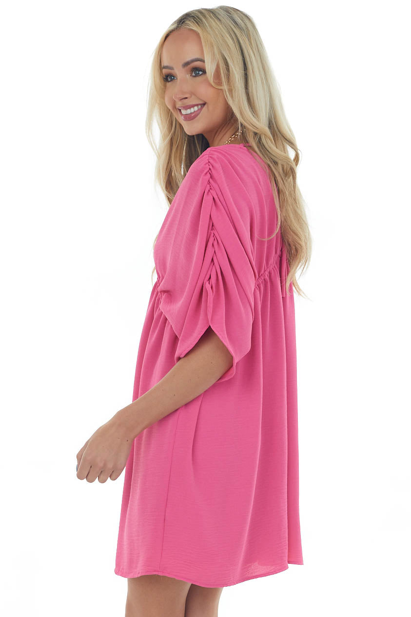 Magenta V Neck Cinch Waist Wide Sleeve Dress