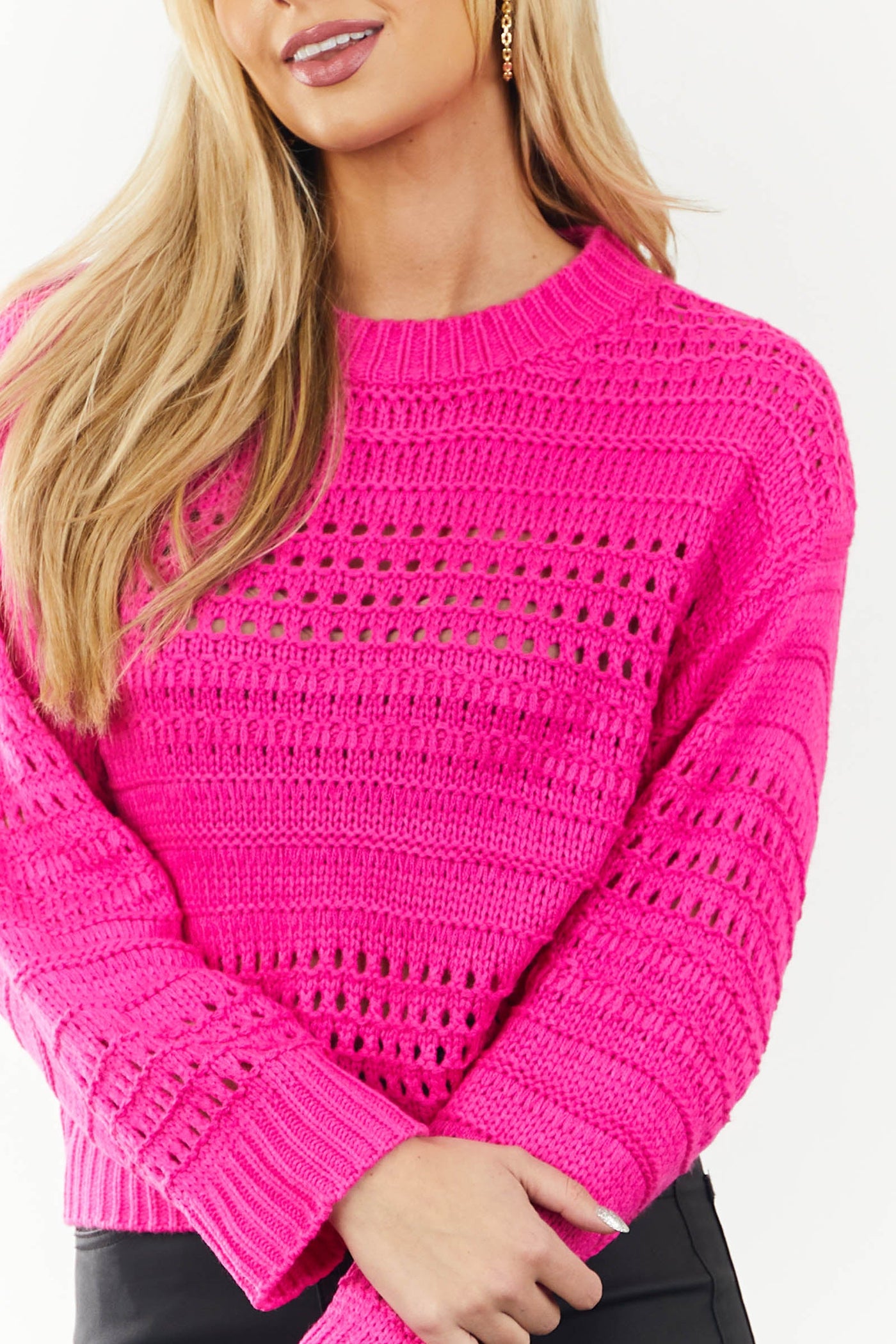 Magenta Wide Sleeve Crochet Pointelle Sweater