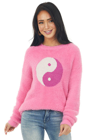 Magenta Yin and Yang Graphic Fuzzy Sweater