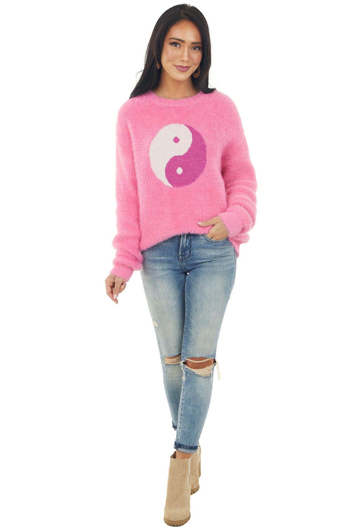 Magenta Yin and Yang Graphic Fuzzy Sweater