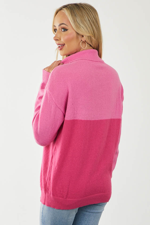 Magenta and Hot Pink Colorblock Turtleneck Sweater