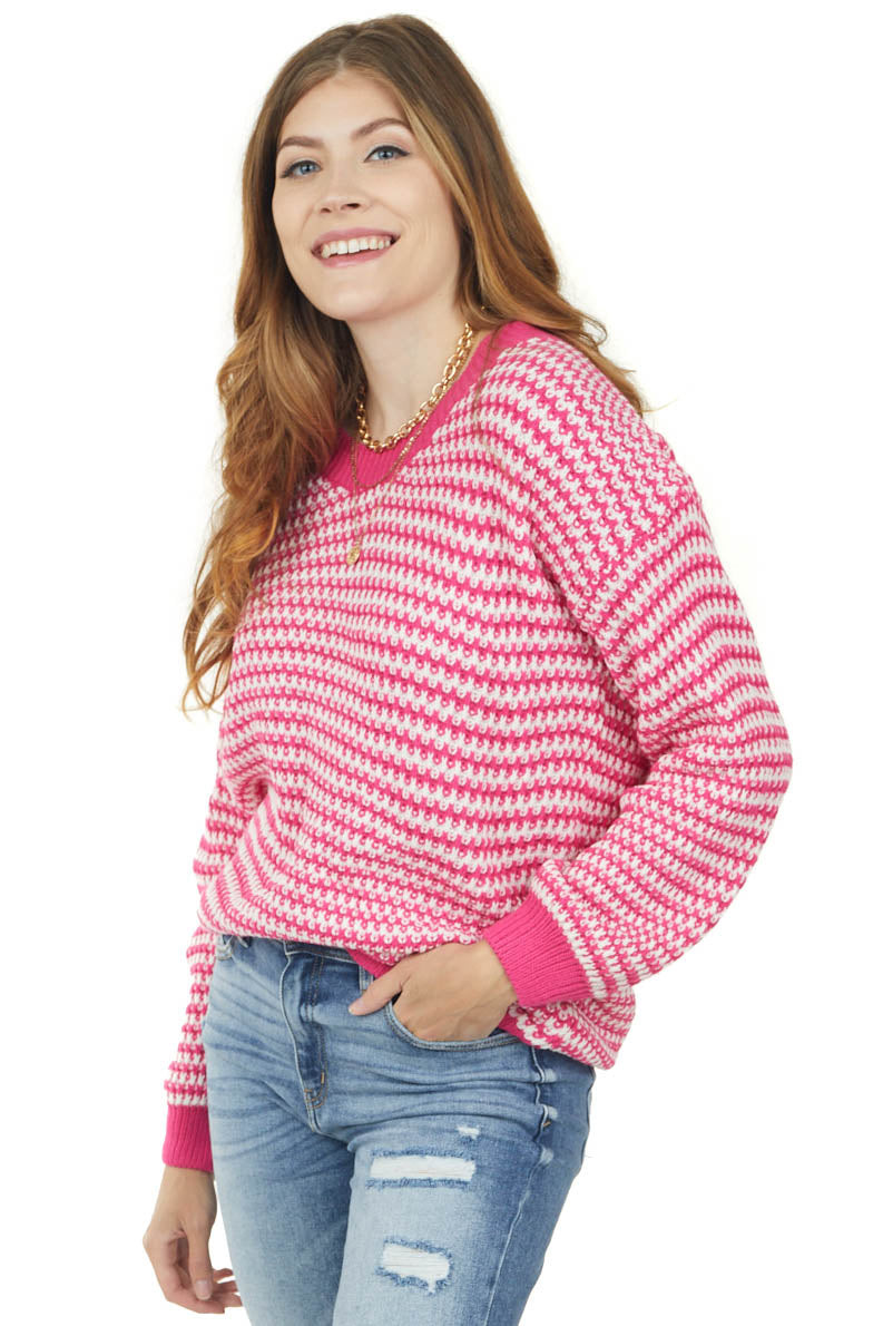 Magenta and Ivory Striped Lightweight Sweater