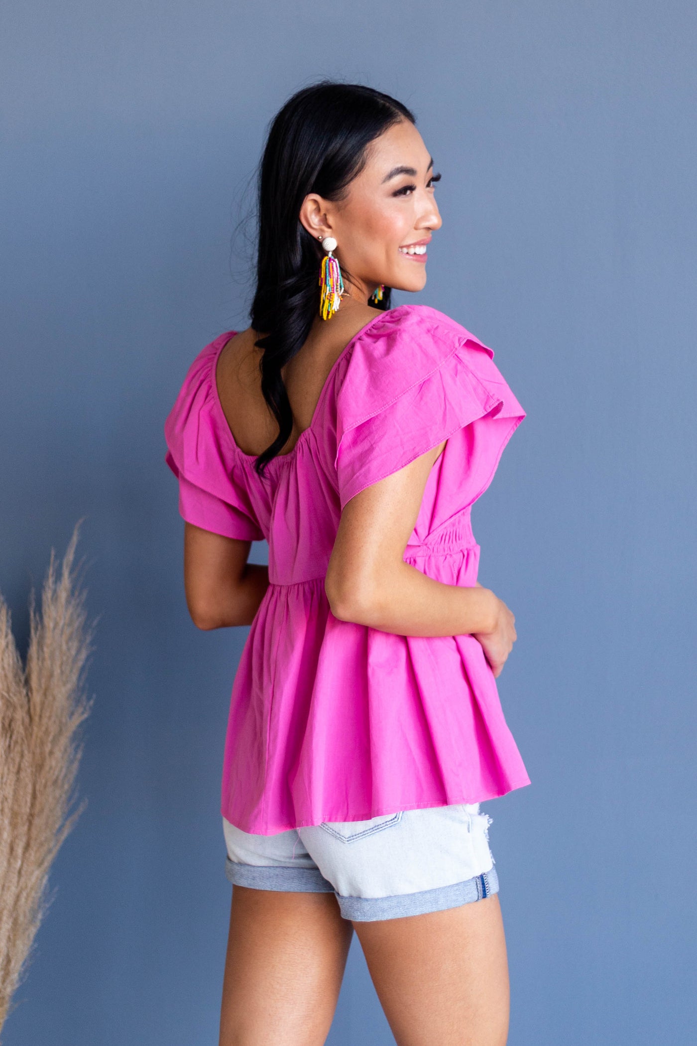 Magenta Babydoll Smocked Ruffle Sleeve Top