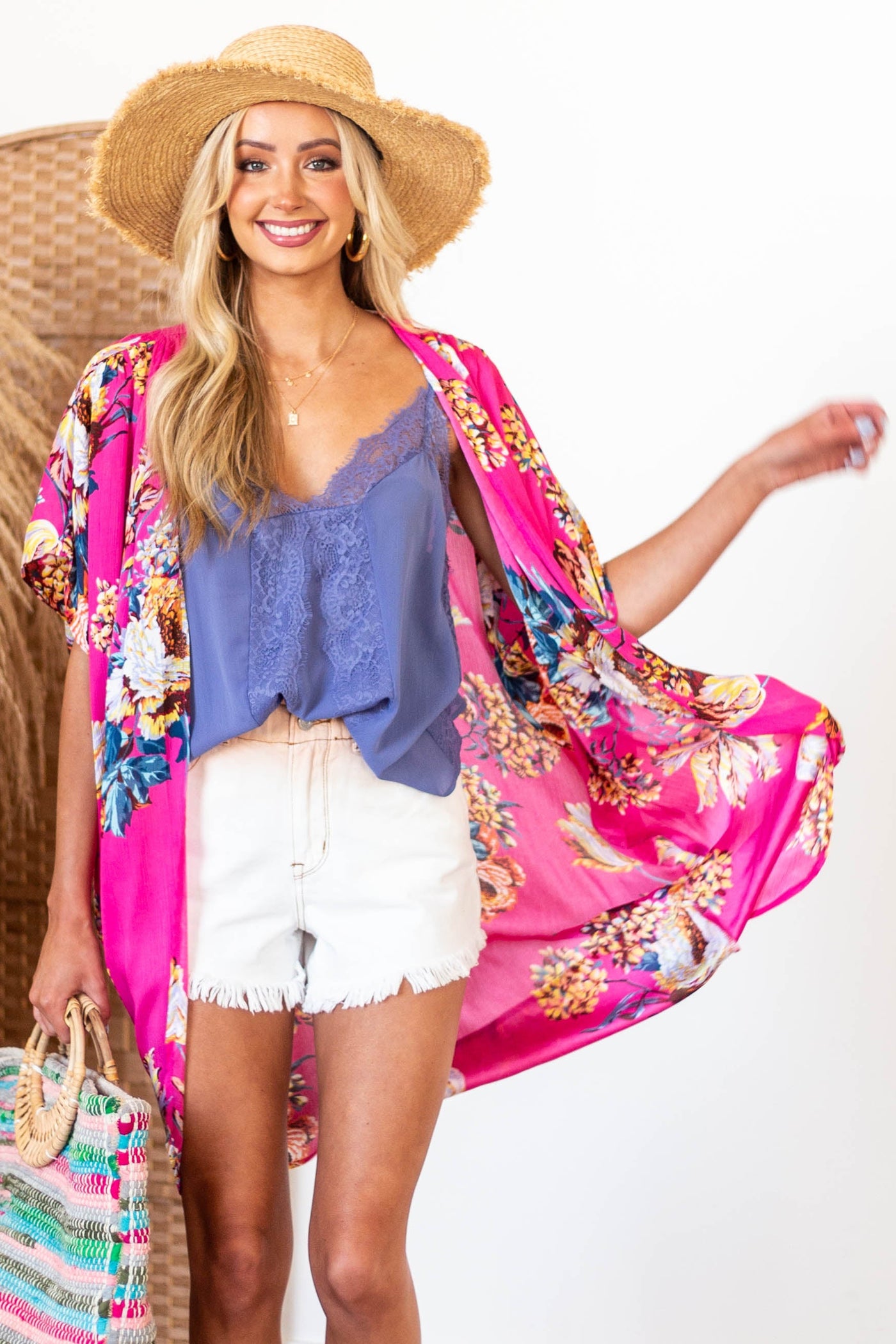 Magenta Floral Print Cocoon Hem Kimono