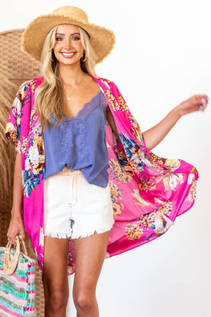 Magenta Floral Print Cocoon Hem Kimono