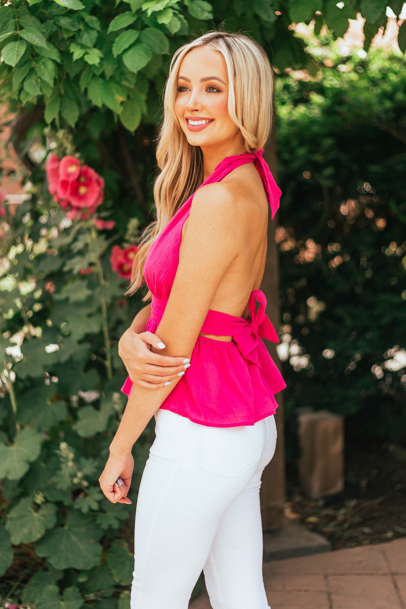 Magenta Halter Tie Plunging Neck Peplum Blouse