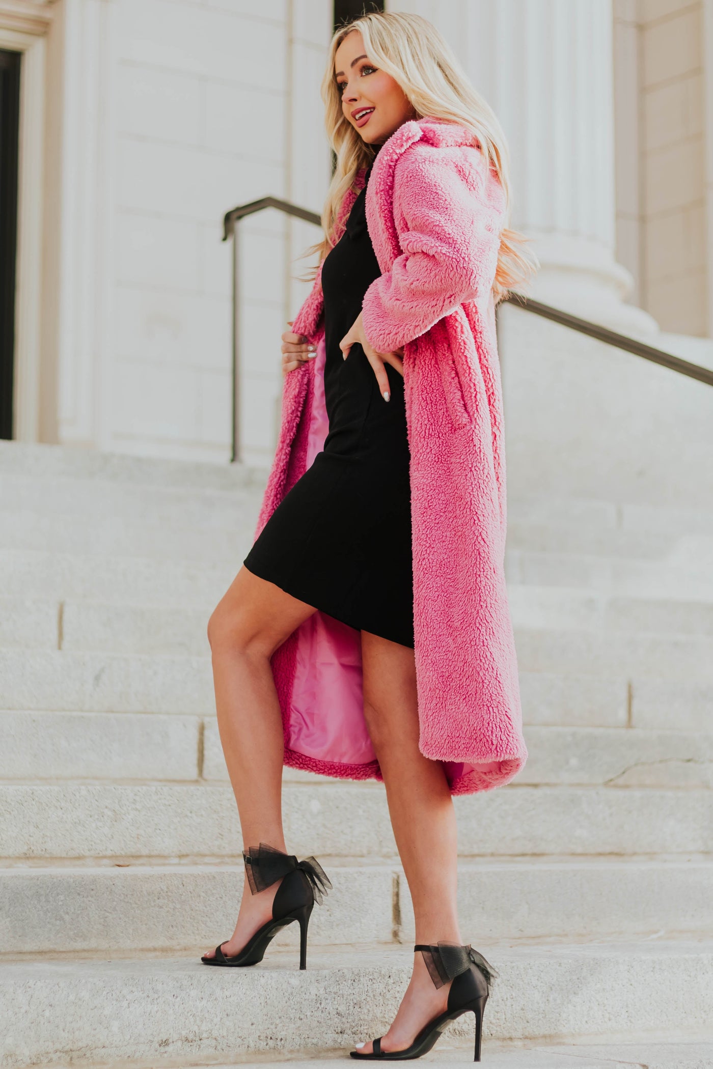 Punch Pink Longline Sherpa Coat with Pockets