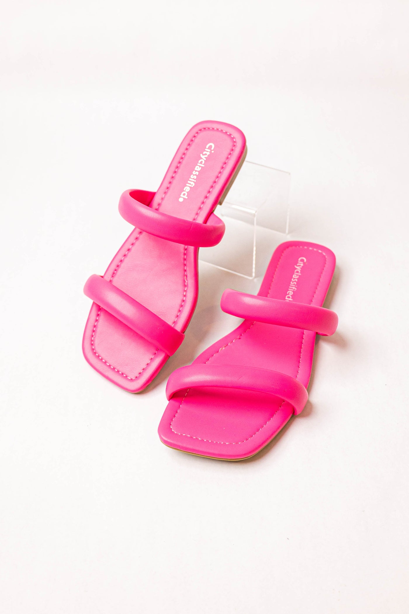 Magenta Pleather Square Toe Slip On Sandals