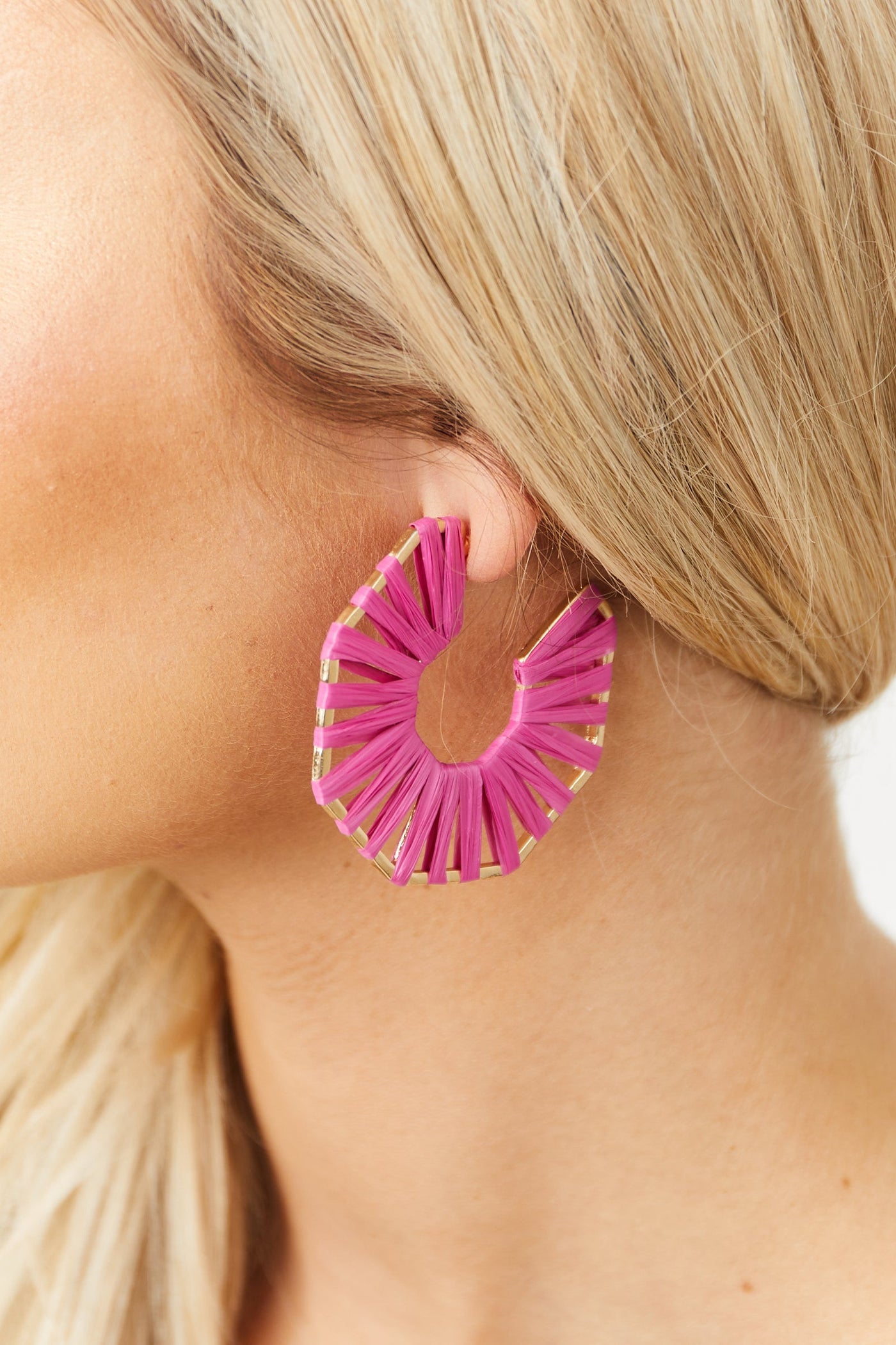 Magenta Raffia Weave Hexagonal Hoop Earrings