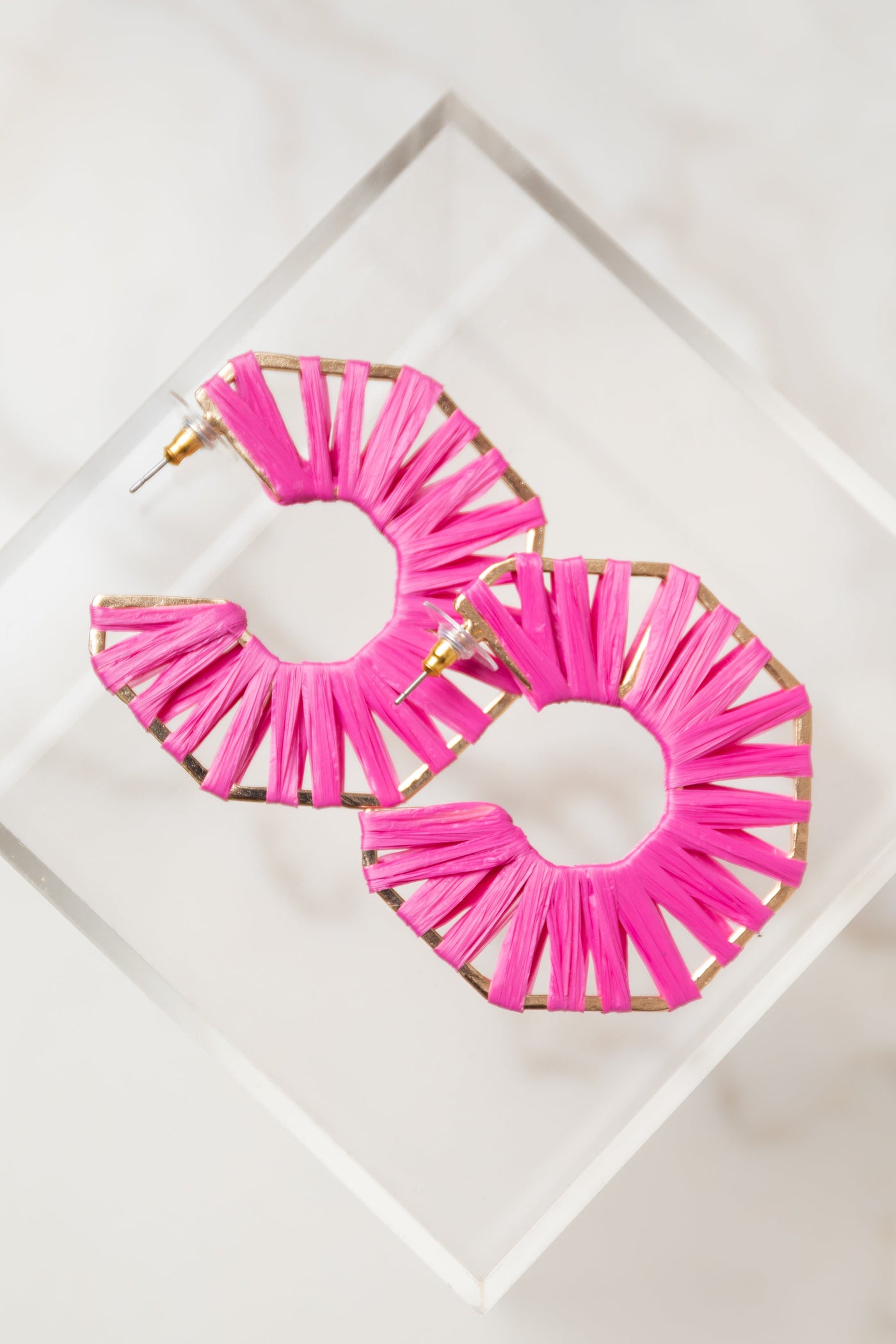Magenta Raffia Weave Hexagonal Hoop Earrings