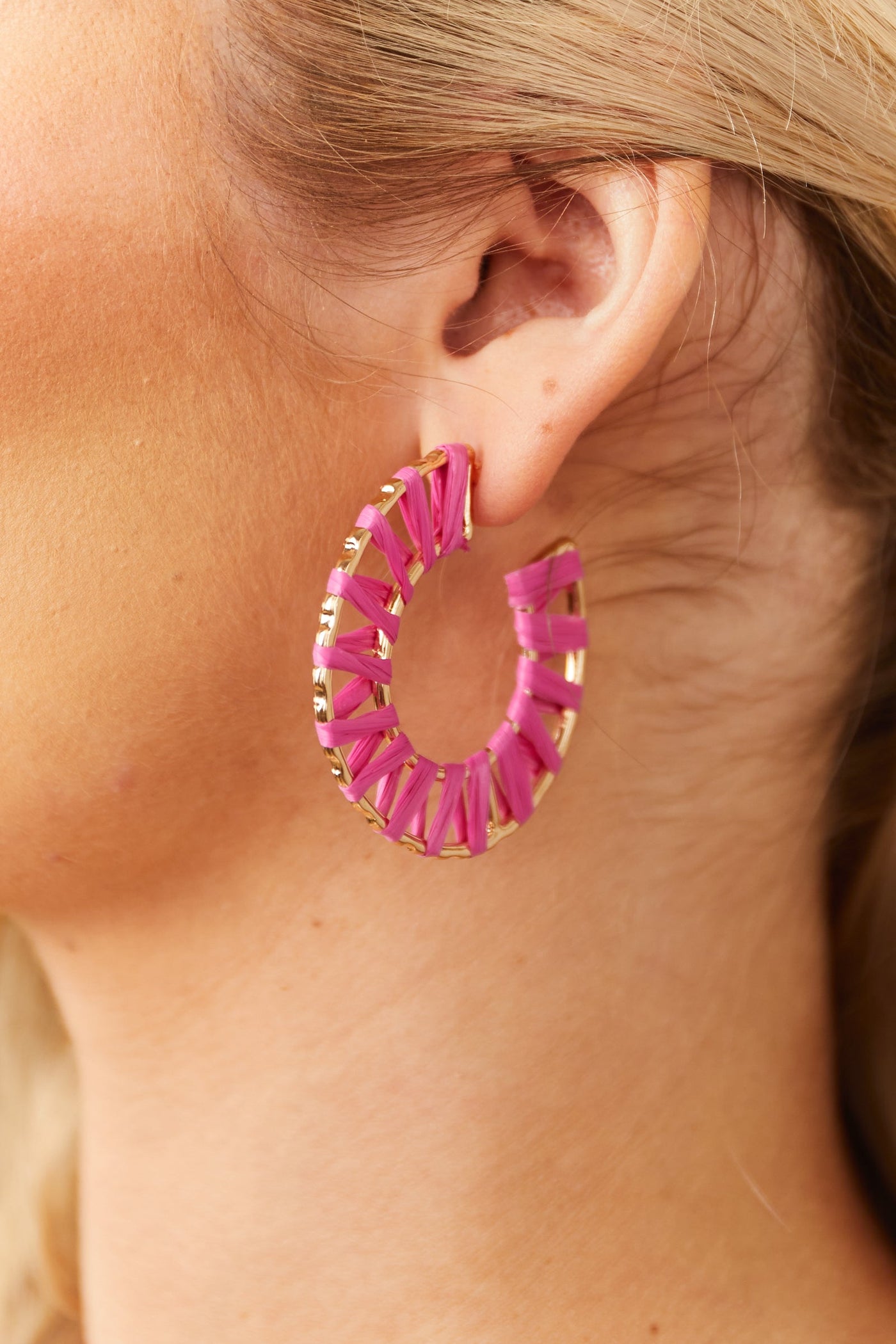 Magenta Rattan Wrapped Gold Hoop Earrings