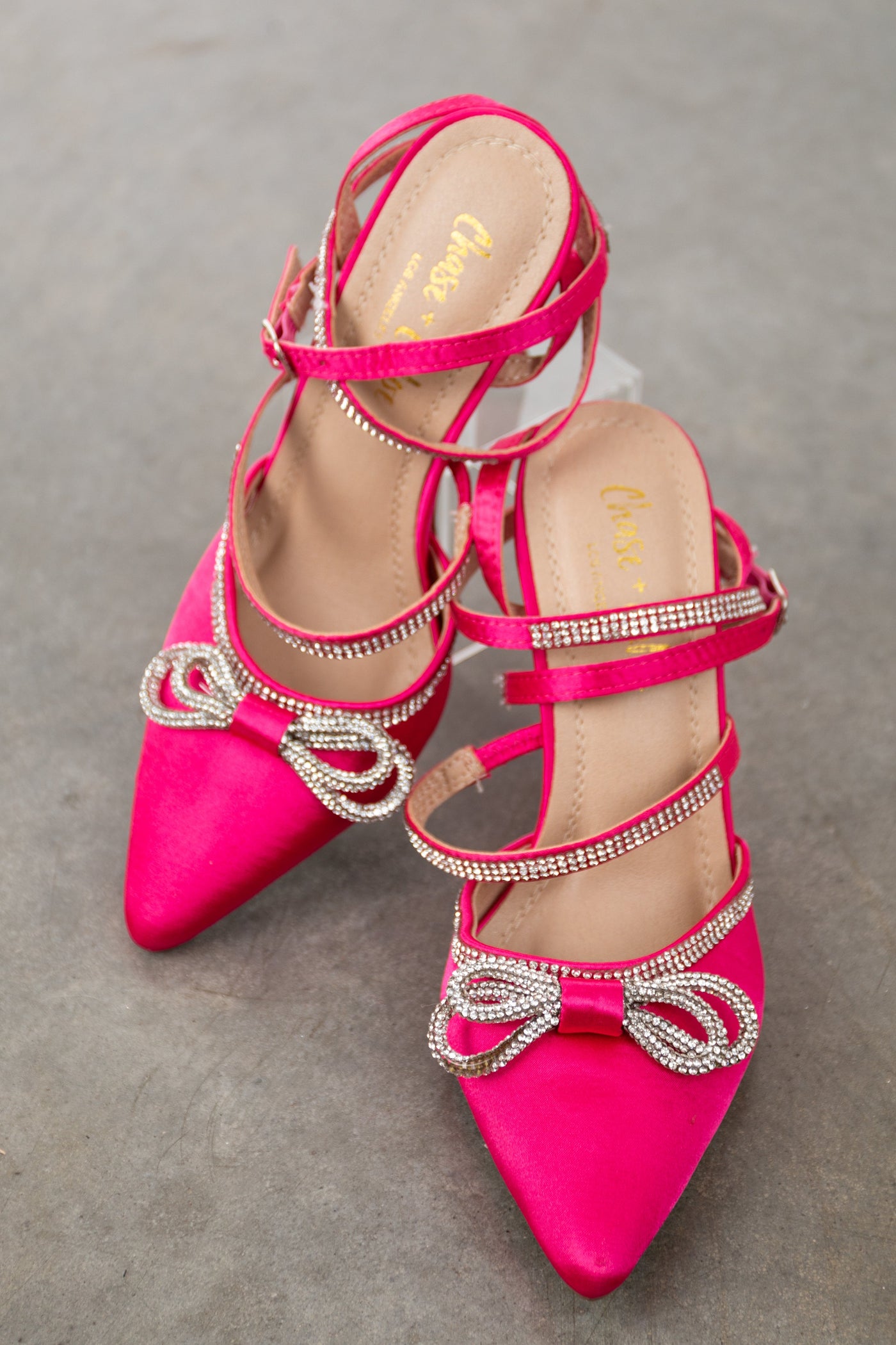 Magenta Satin Pointed Toe Rhinestone Bow Heels