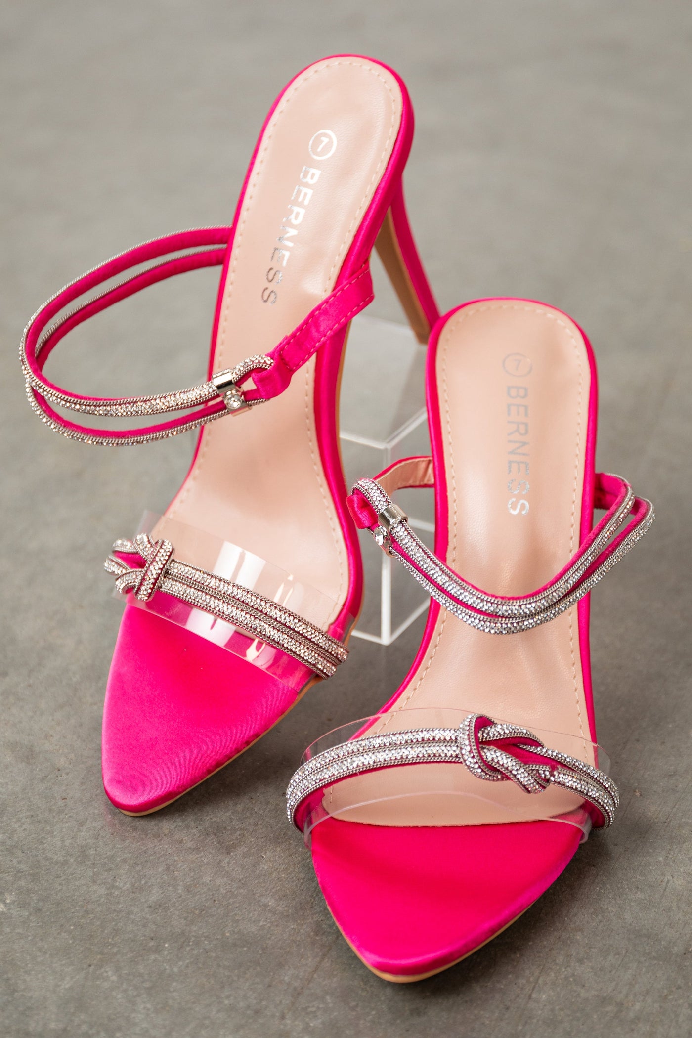 Magenta Satin Rhinestone Strap Pointed Heels