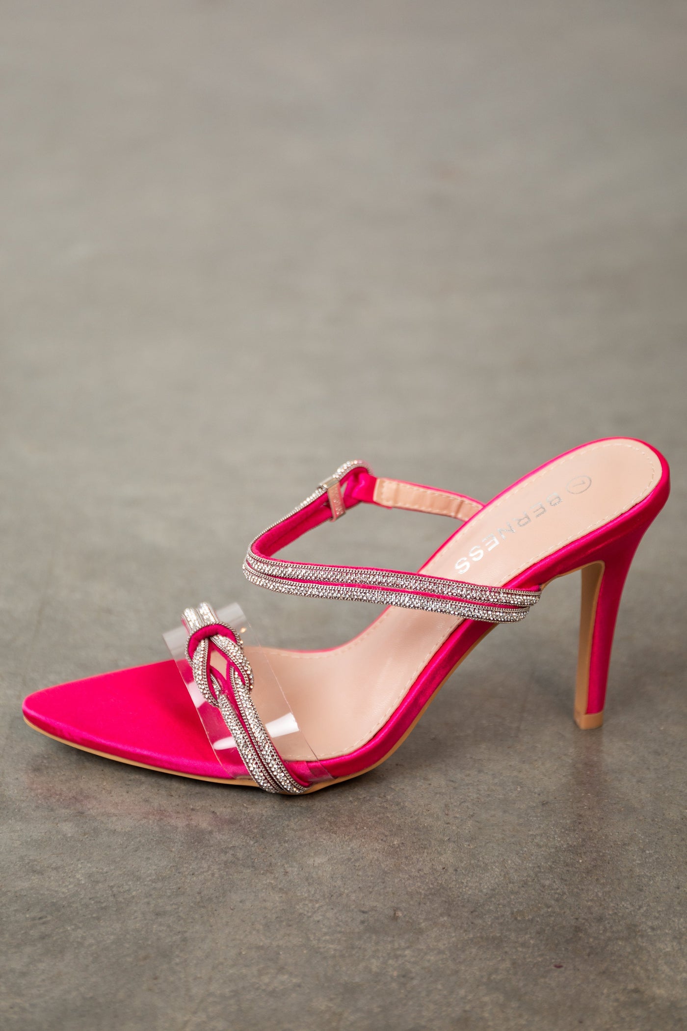 Magenta Satin Rhinestone Strap Pointed Heels