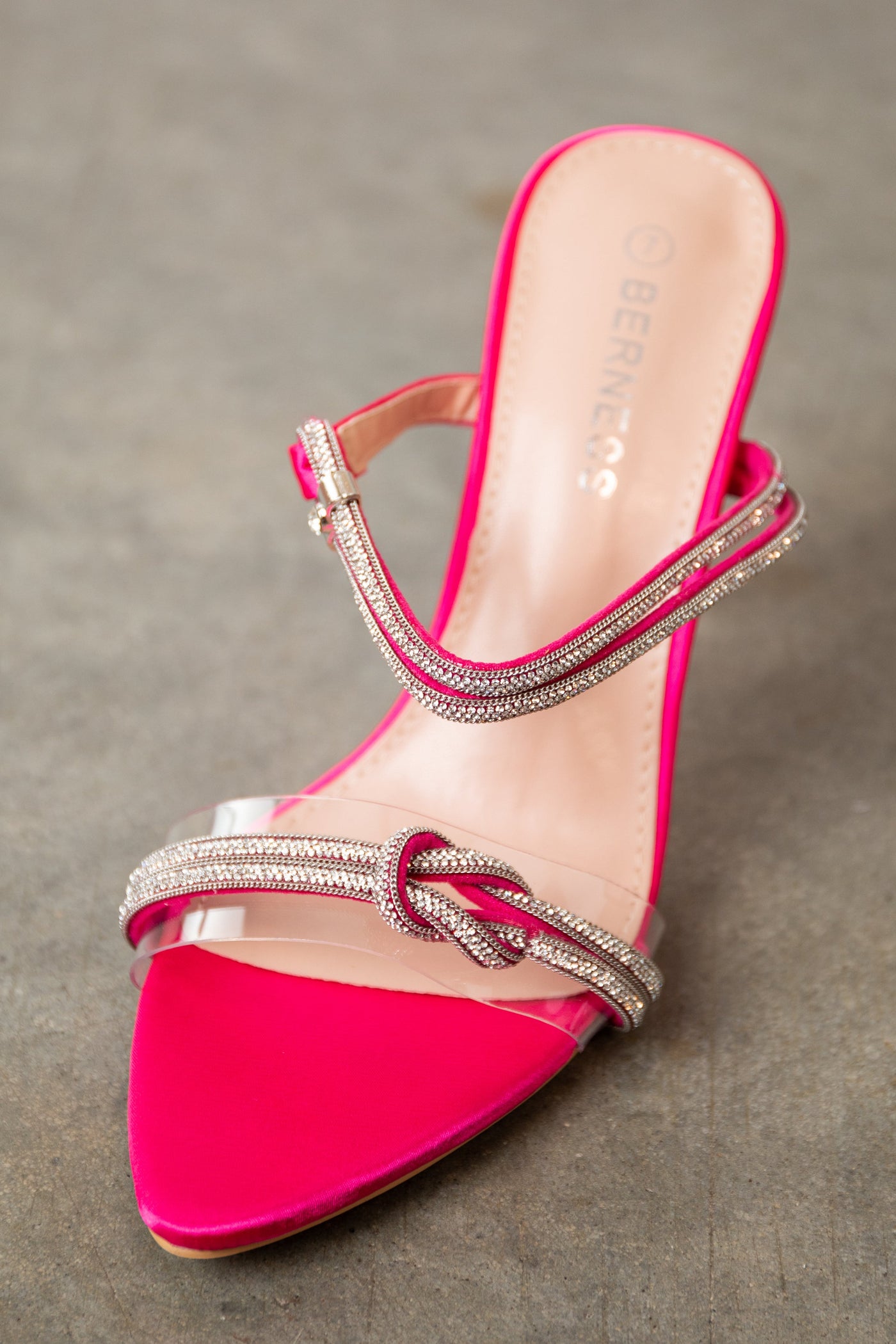 Magenta Satin Rhinestone Strap Pointed Heels