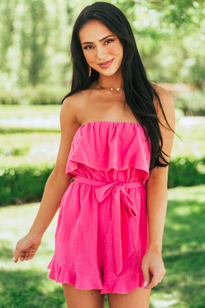 Magenta Strapless Ruffle Romper with Belt Tie