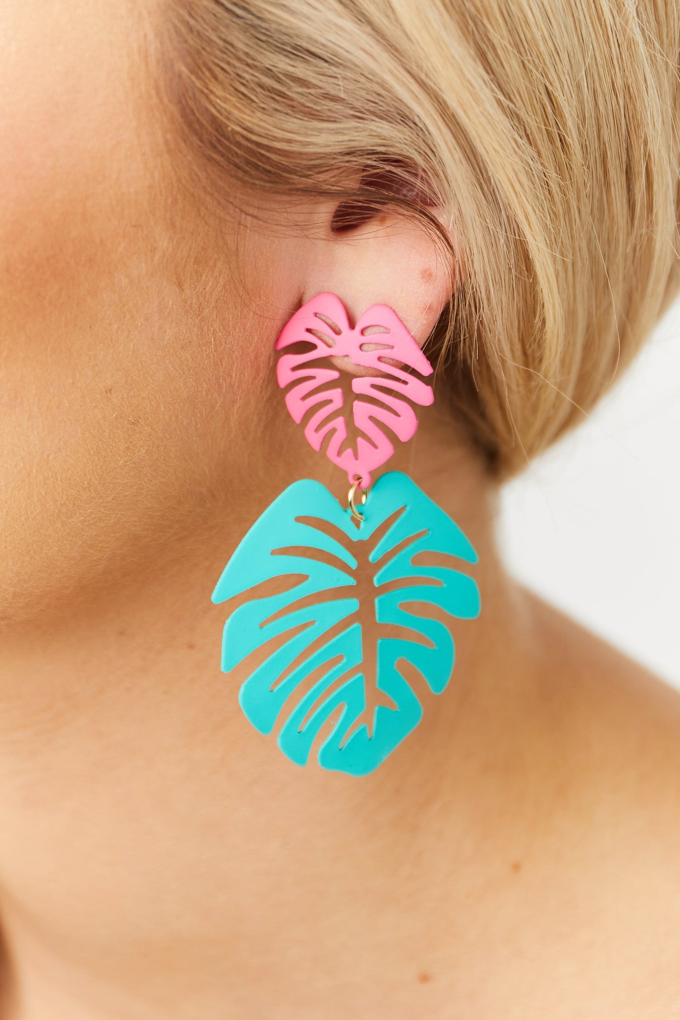 Magenta and Teal Palm Leaf Dangle Earrings
