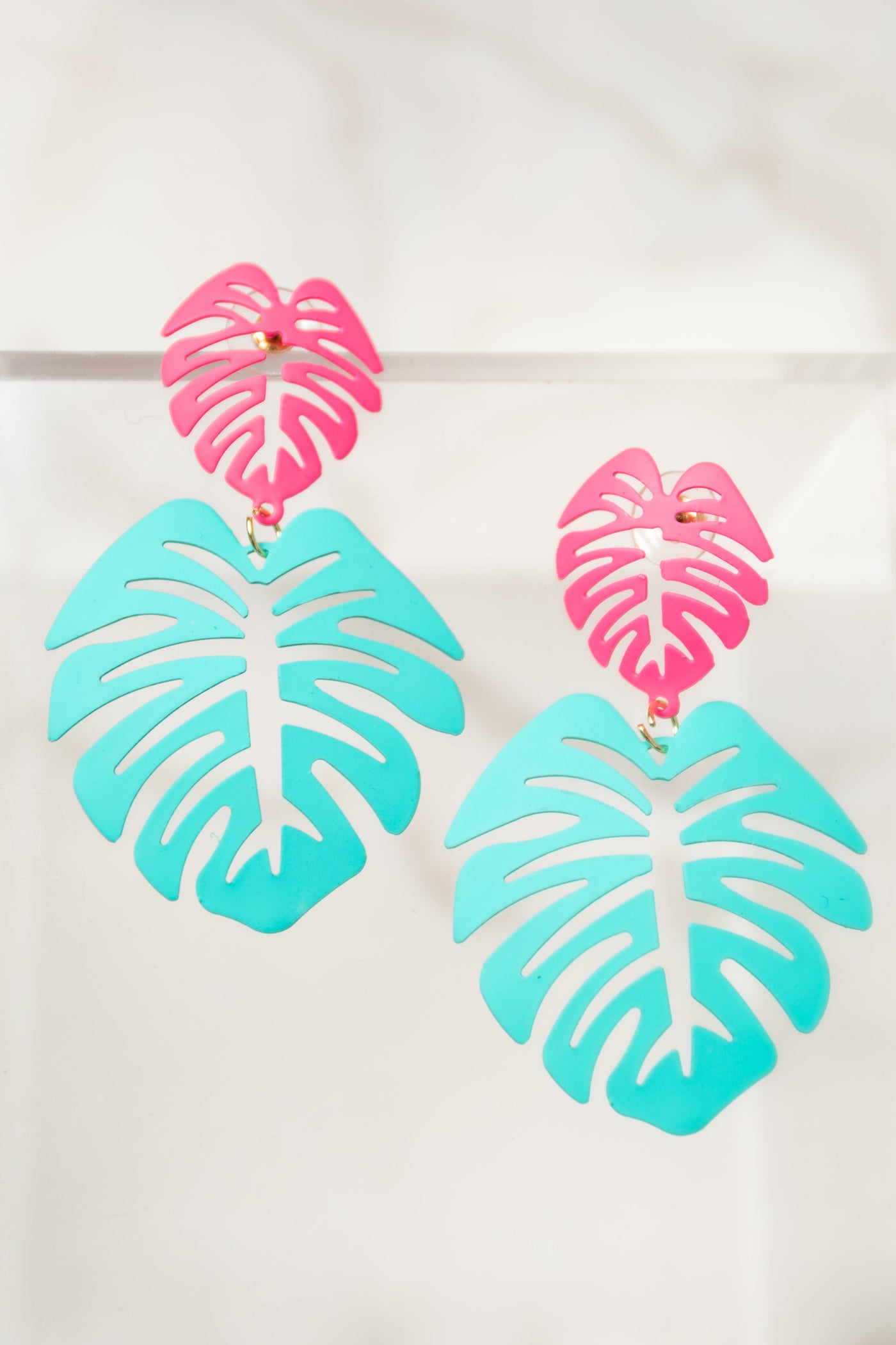 Magenta and Teal Palm Leaf Dangle Earrings