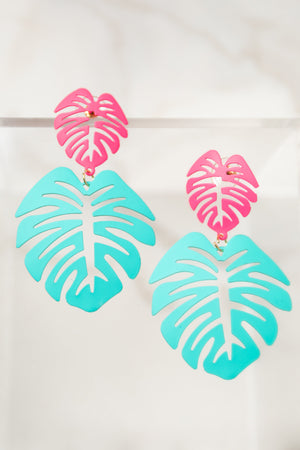 Magenta and Teal Palm Leaf Dangle Earrings