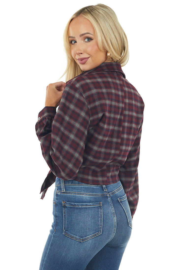 Mahogany Plaid Button Up Front Tie Woven Top
