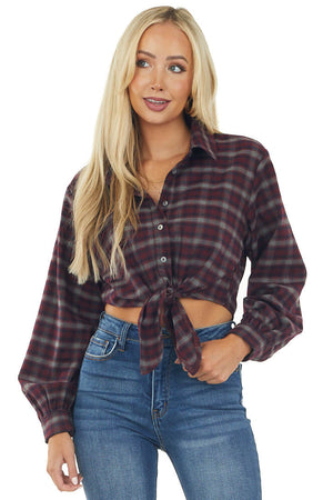 Mahogany Plaid Button Up Front Tie Woven Top