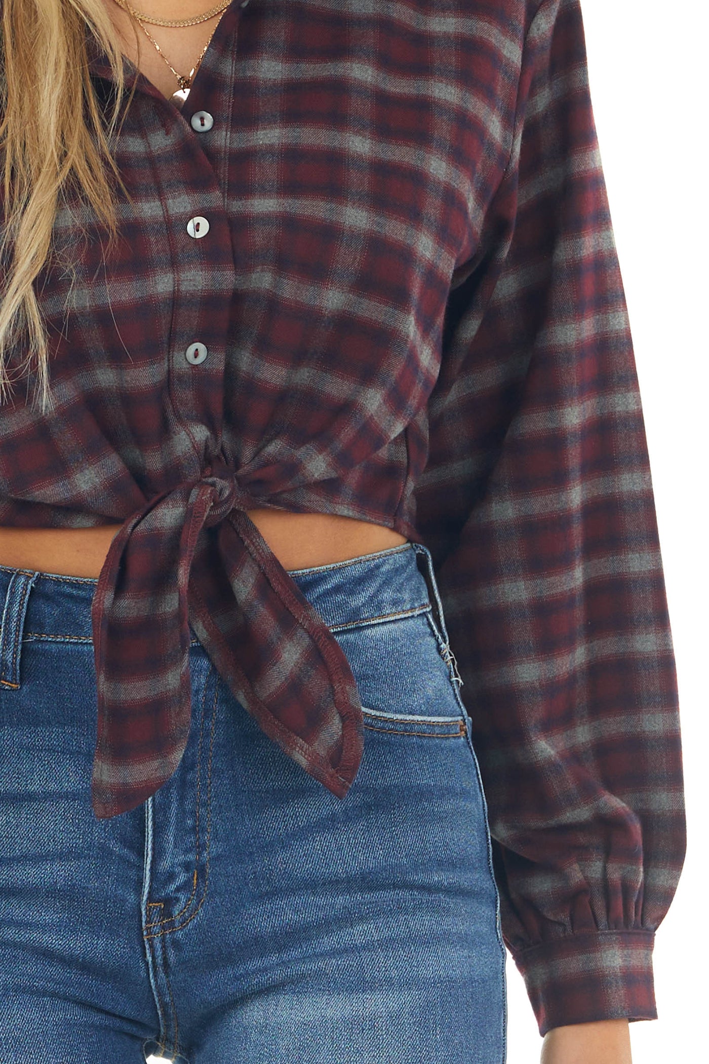 Mahogany Plaid Button Up Front Tie Woven Top