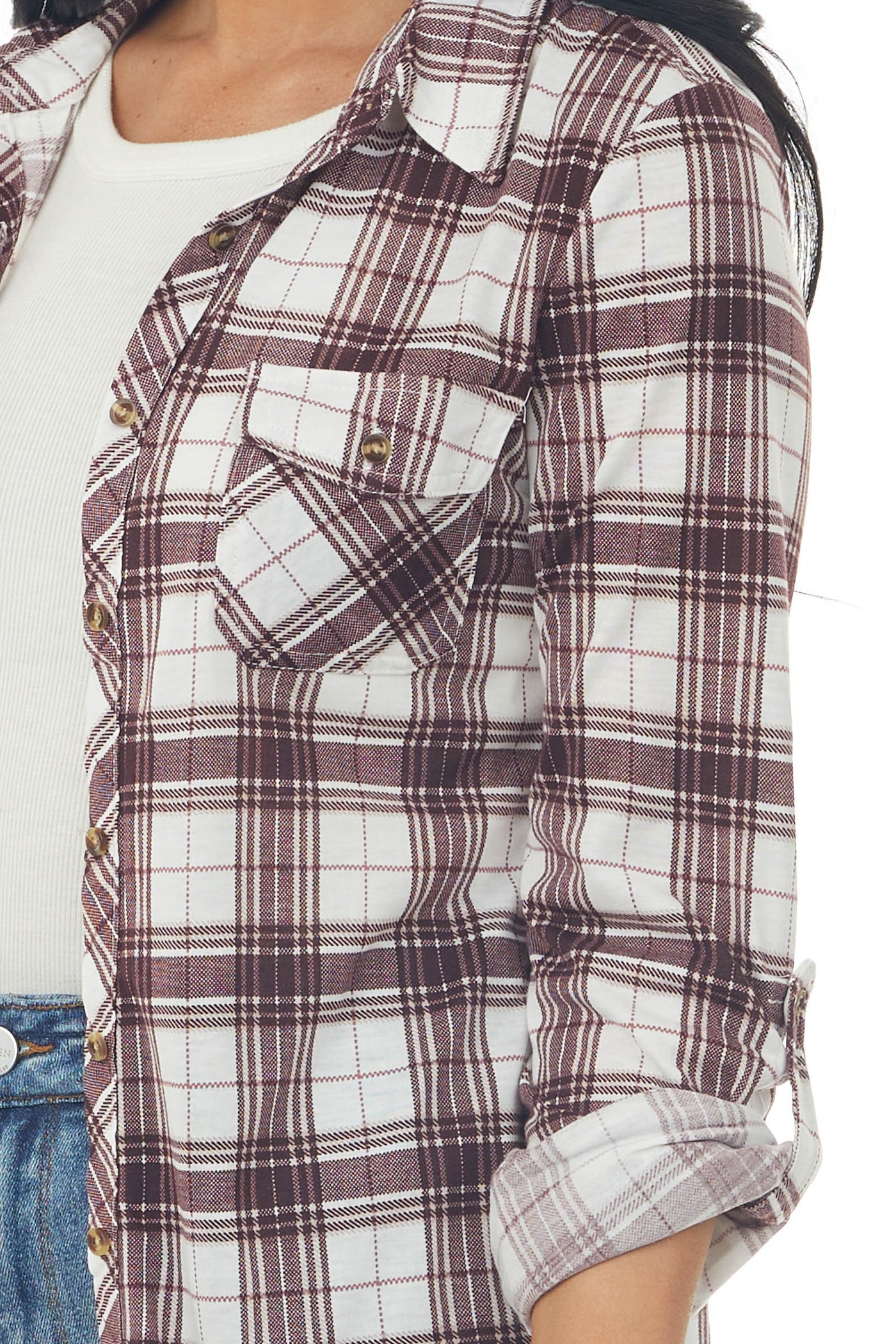 Mahogany and White Plaid Top with Chest Pocket