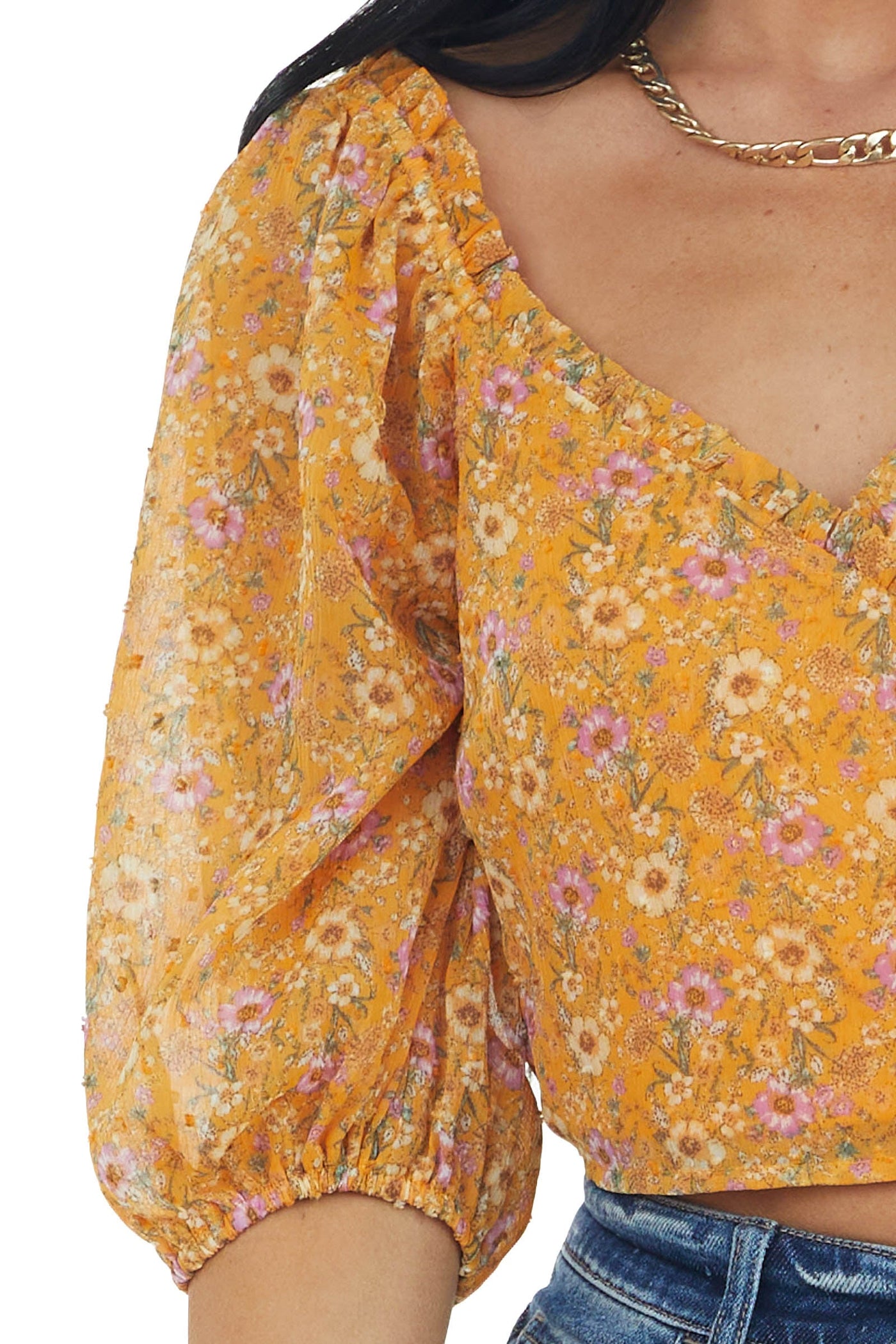 Mango Floral Print Swiss Dot Surplice Crop Top