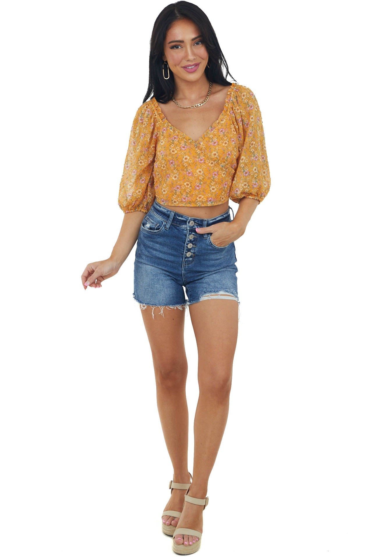 Mango Floral Print Swiss Dot Surplice Crop Top