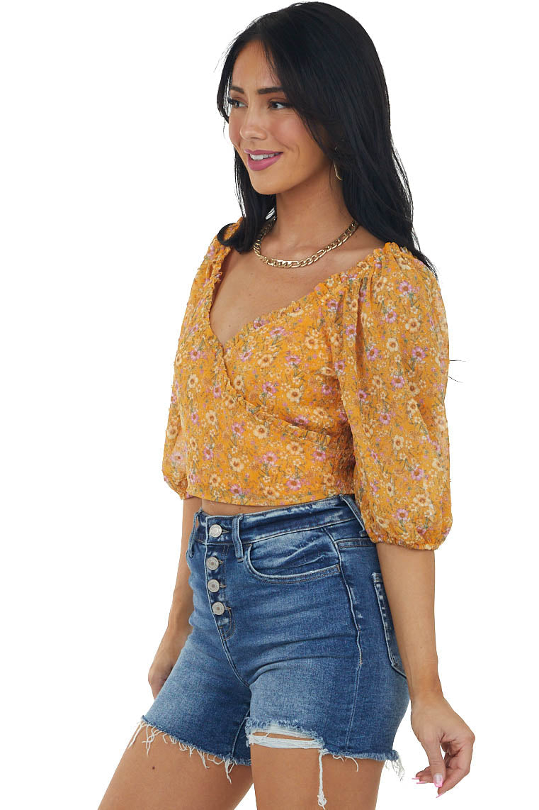 Mango Floral Print Swiss Dot Surplice Crop Top