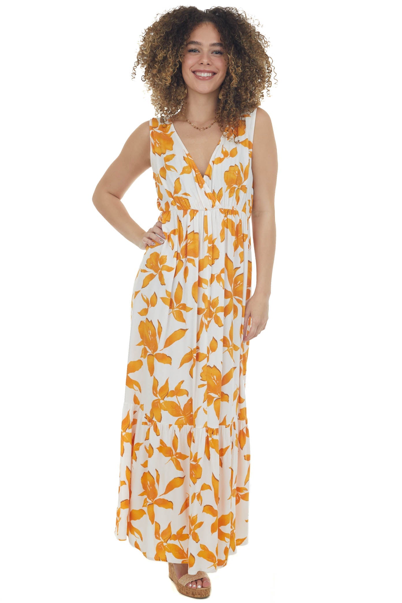 Mango Leaf Print Plunging V Maxi Dress