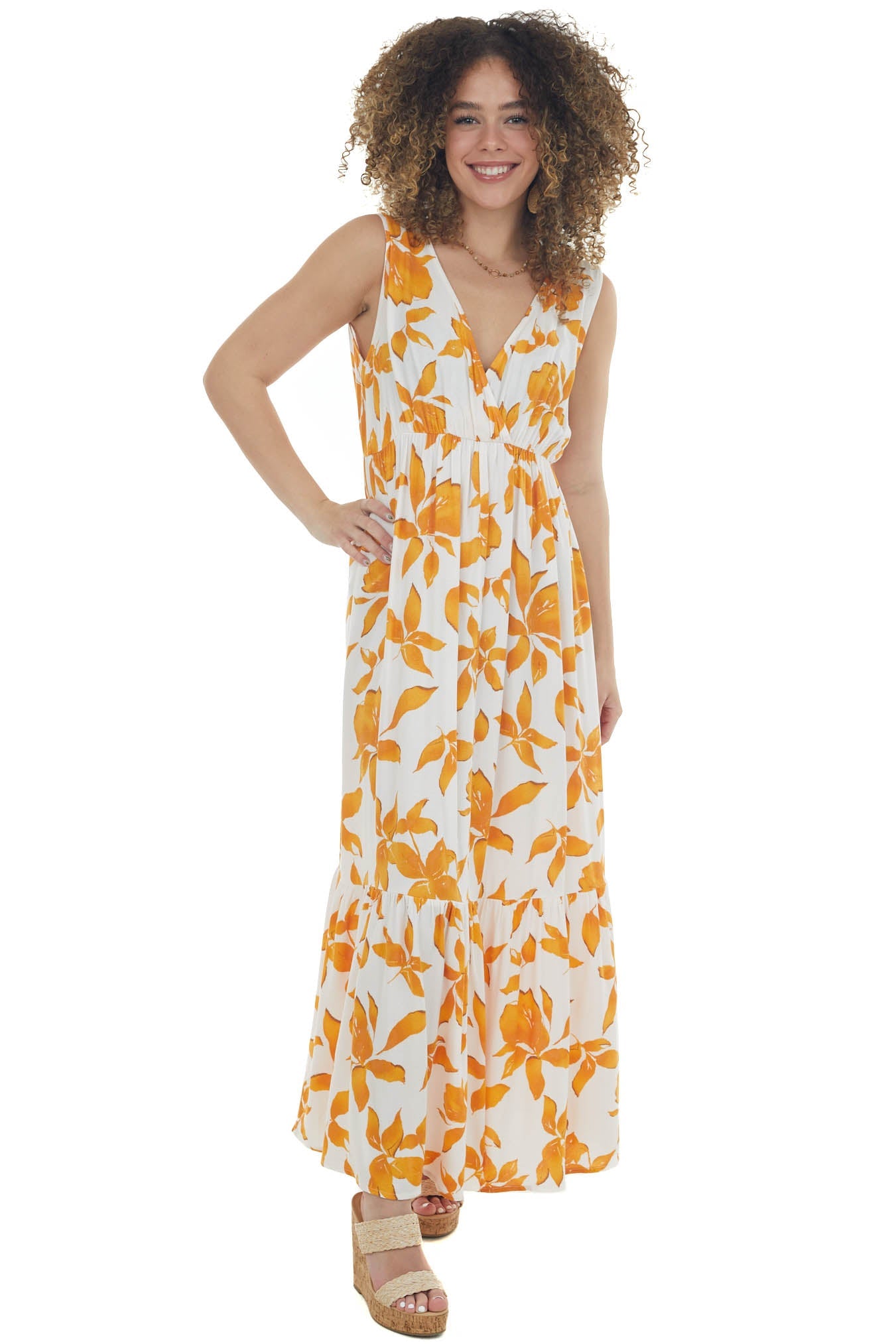 Mango Leaf Print Plunging V Maxi Dress