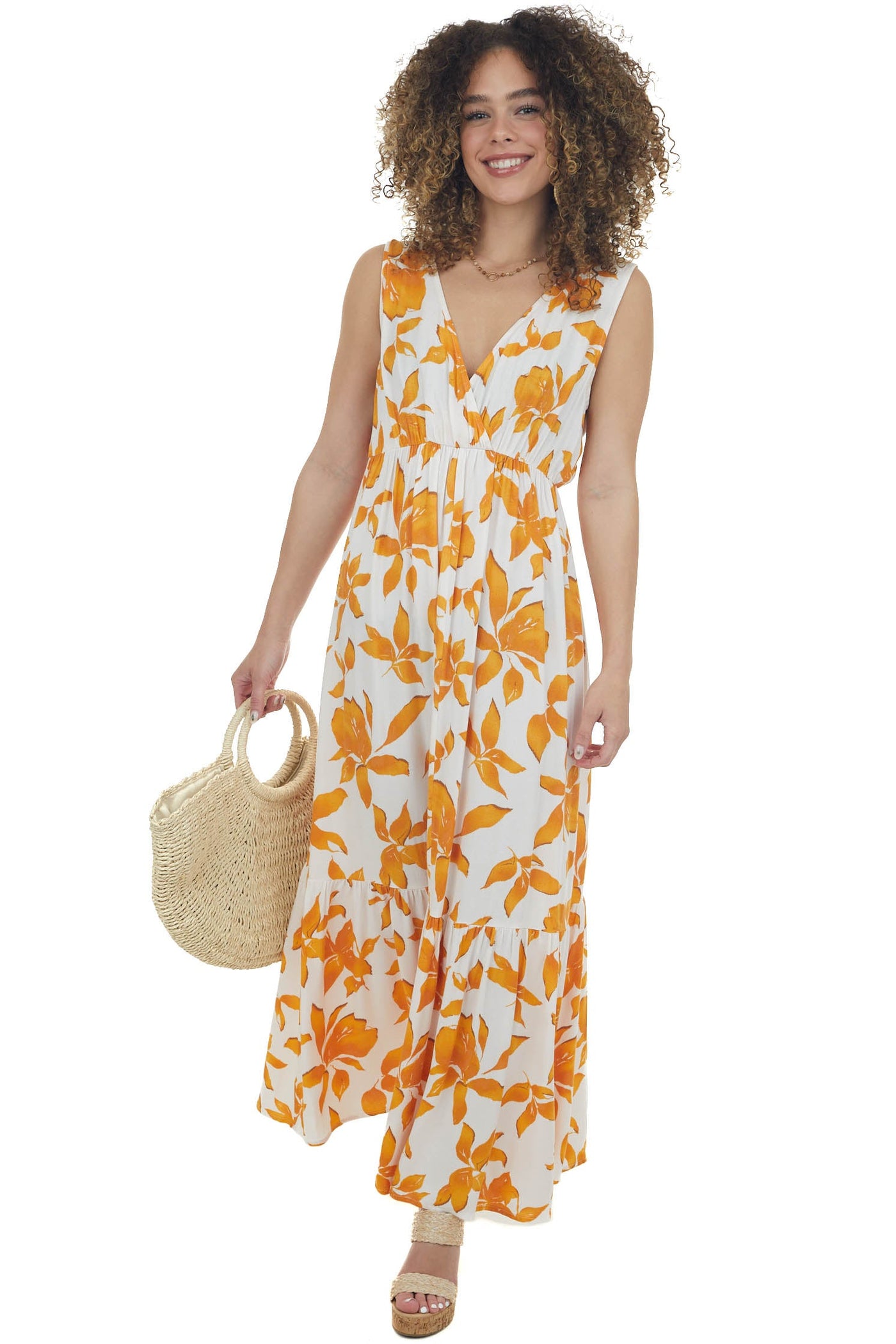 Mango Leaf Print Plunging V Maxi Dress