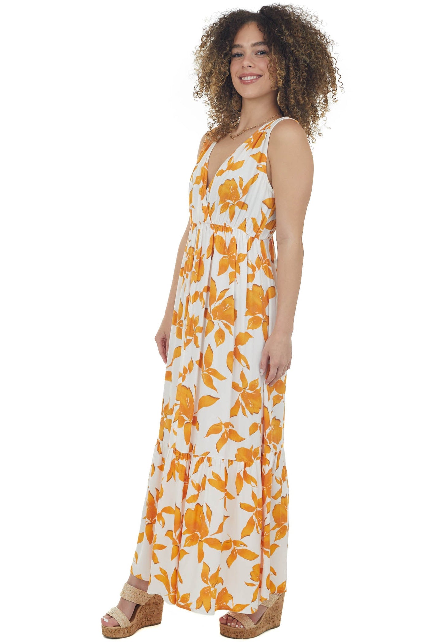 Mango Leaf Print Plunging V Maxi Dress