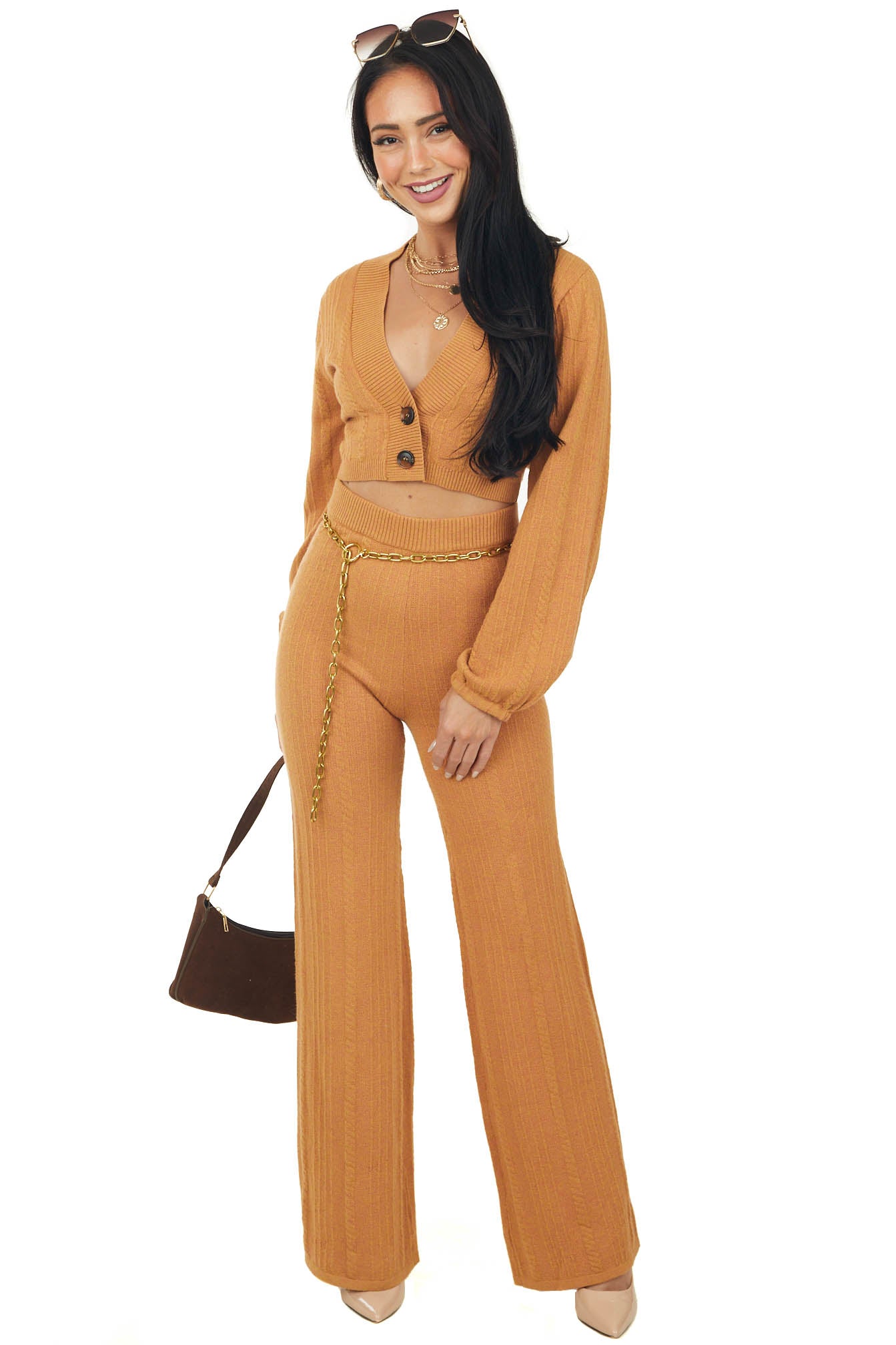 Mango Two Tone Elastic Waist Flare Knit Pants