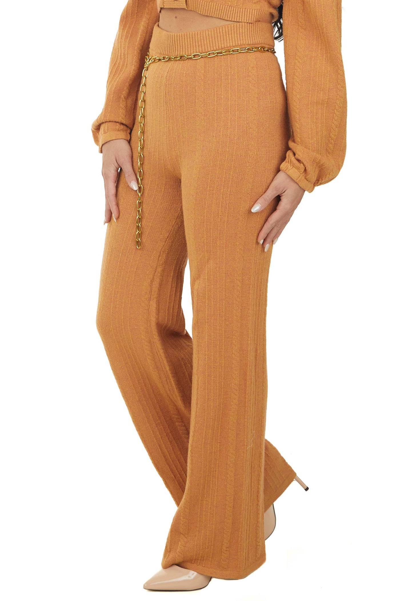 Mango Two Tone Elastic Waist Flare Knit Pants