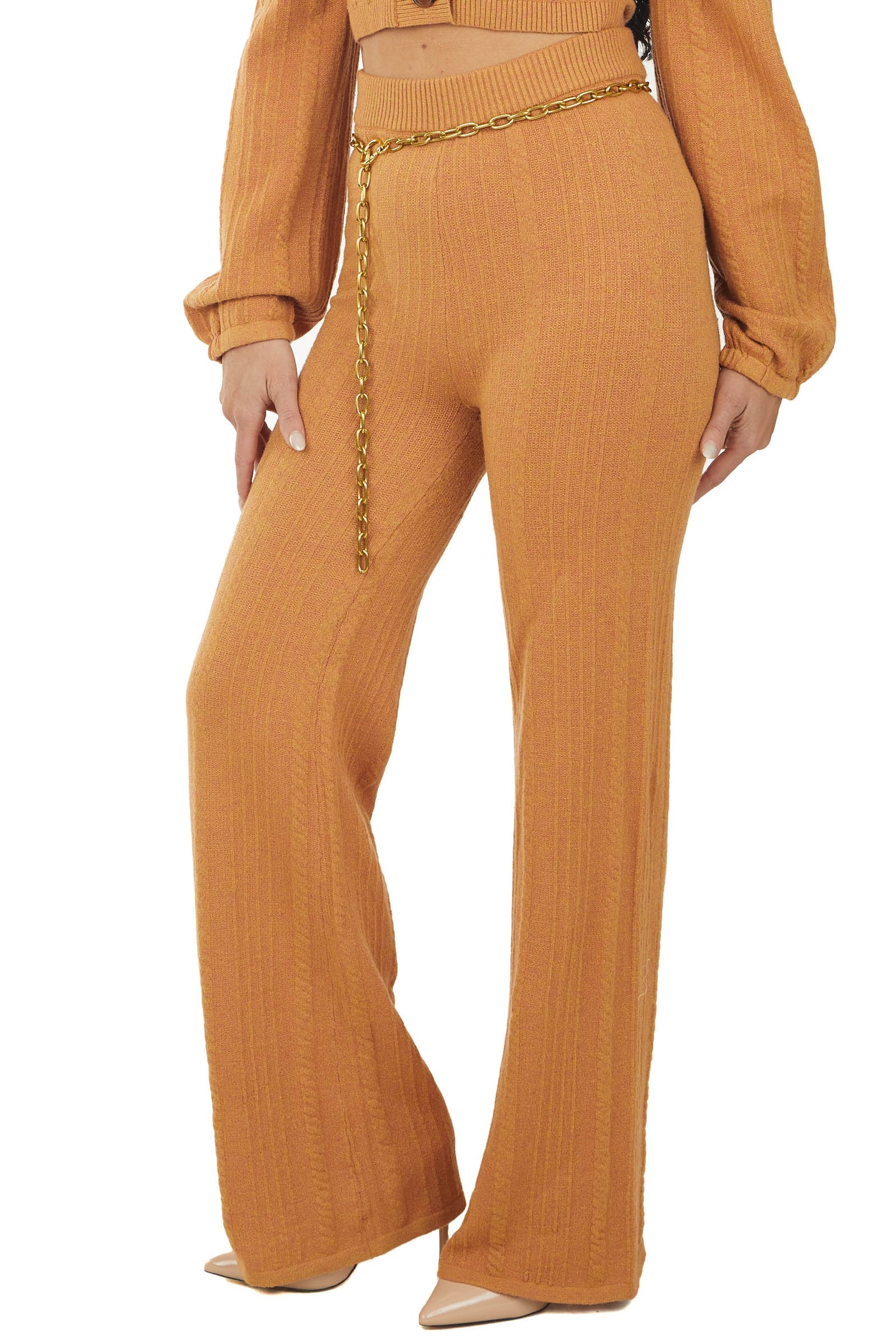 Mango Two Tone Elastic Waist Flare Knit Pants